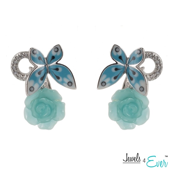 Enamel Butterfly, Glass Flower and CZ Earrings - Picture 1 of 3